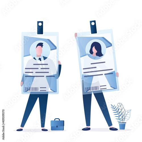 Business people are holding badges. Male and female characters with id cards. Staff identification. Identity protection and confirmation system.