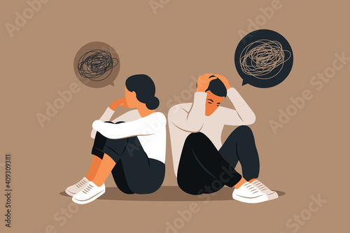 Man and a woman in a quarrel. Conflicts between husband and wife. Two characters sitting back to back, disagreement, relationship troubles. Concept of divorce, misunderstanding in family. Vector. photo