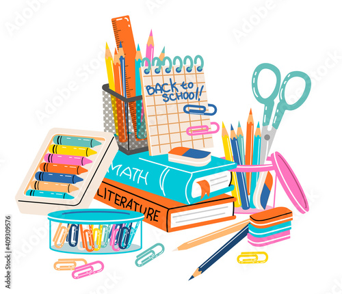 Set of school supplies composition. Back to school lettering. Children's subjects for study. Vector illustration in a flat style on a white background. All objects are isolated