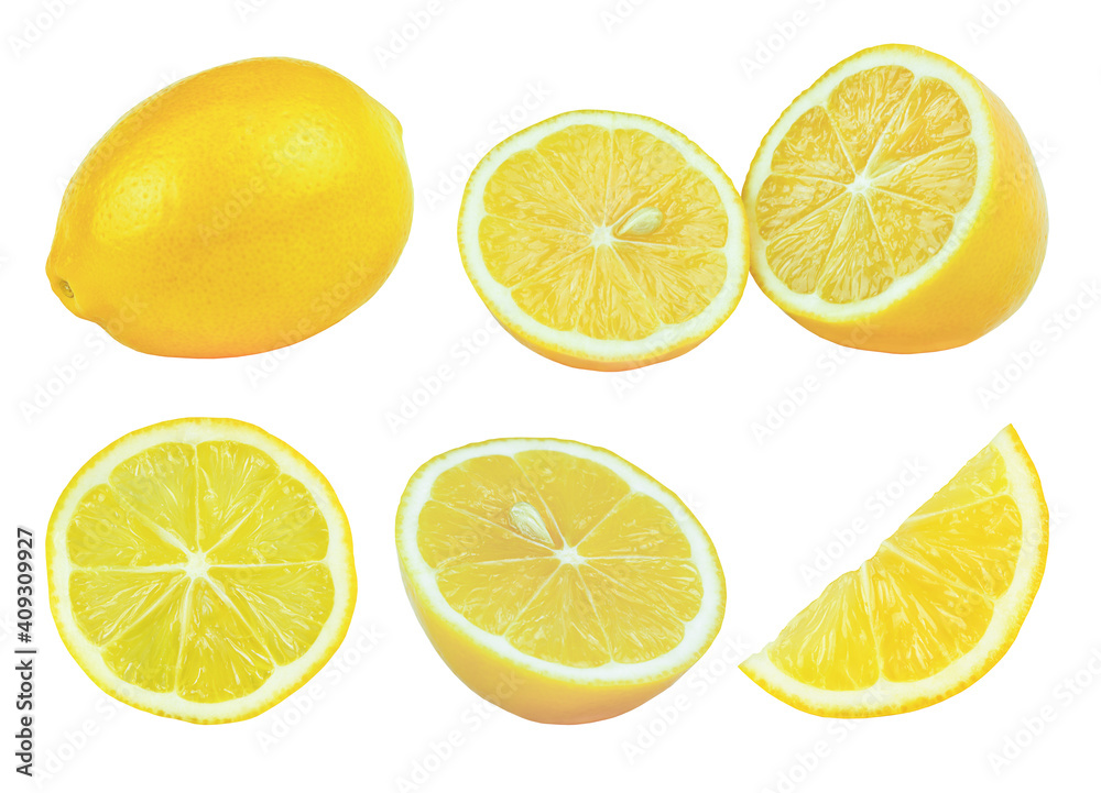 Lemons side view isolated on white background. Set of lemon fruit.