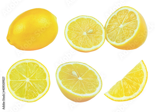 Lemons side view isolated on white background. Set of lemon fruit.