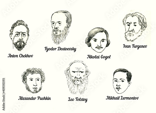 Photography Hand drawing set sketches of Russian great writers