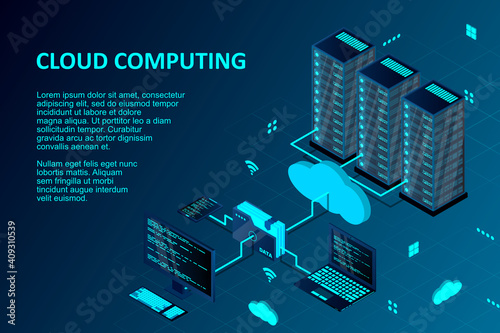Cloud computing concept isometric vector illustration. Isometric cloud technology with datacenter. Server, desktop computer, laptop, smartphone, and folder connected to cloud service. Web hosting.