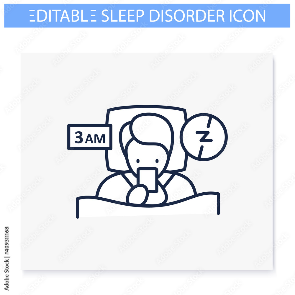 Difficulty falling asleep line icon. Insomnia. Sleep disorder. Healthy sleeping concept. Sleep problems treatment. Falling asleep trouble. Stress. Health care. Isolated editable vector illustration Difficulty falling asleep line icon. Insomnia. Sleep disorder. Healthy sleeping concept. Sleep problems treatment. Falling asleep trouble. Stress. Health care. Isolated editable vector illustration