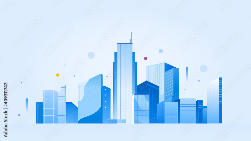 Fototapeta premium Urban landscape with modern buildings, skyscrapers. Simple minimal geometric flat style with blue color theme.