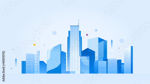 Urban landscape with modern buildings, skyscrapers. Simple minimal geometric flat style with blue color theme.