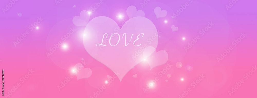 Valentine Card Graphic. Hearts and Circle on pink gradient background with the word LOVE.