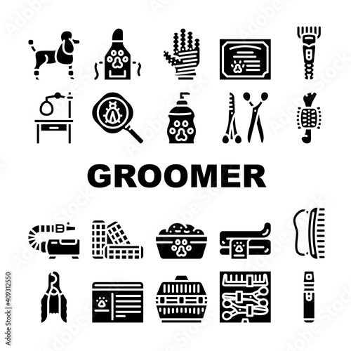 Groomer Pet Service Collection Icons Set Vector