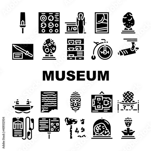 Museum Exhibits And Excursion Icons Set Vector