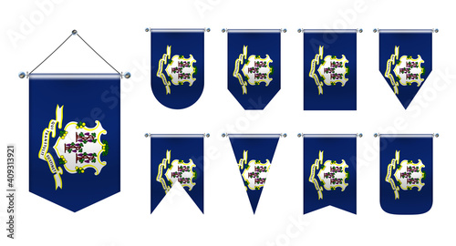 3D Realistic Pennants Hanging Flags of CONNECTICUT state USA. Vertical Template design set national flags of country for travel, sport, advertising, signboard, website, award, achievement, festival