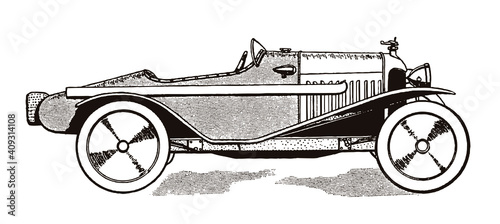 Antique sporting runabout cyclecar in side view, after an illustration from the early 20th century