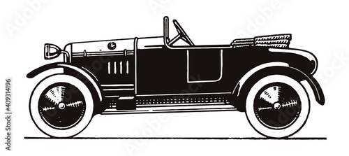 Antique open two-seater cyclecar in side view, after an illustration from the early 20th century photo