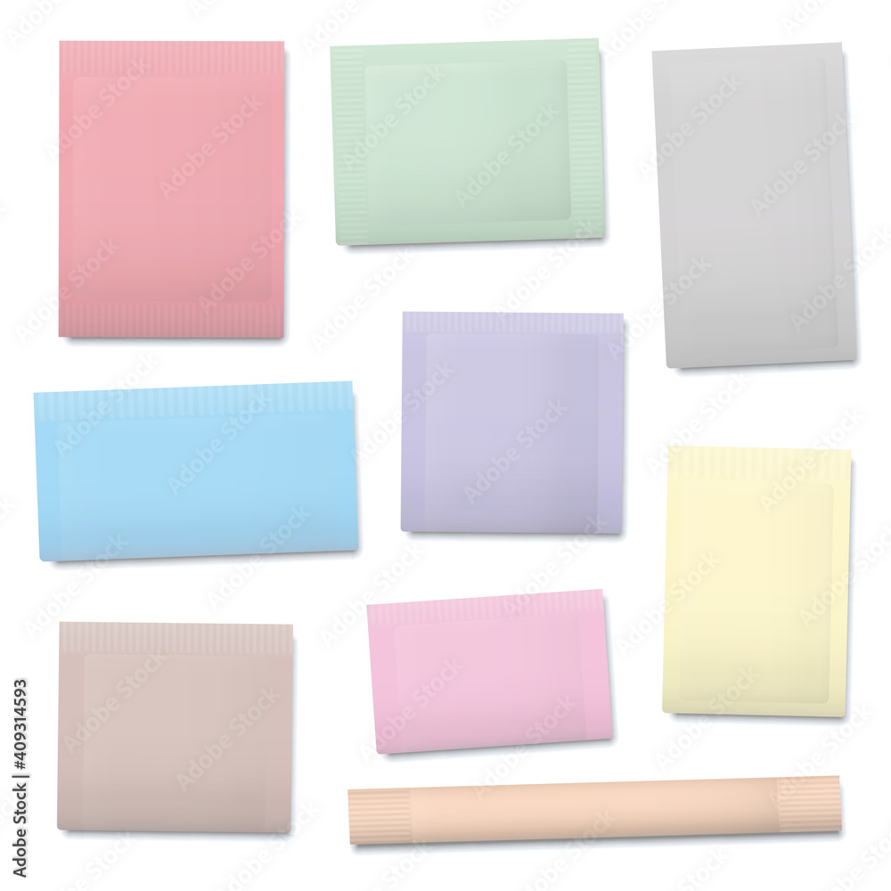 Pastel colored paper sachets, blank unlabeled packaging templates for sugar, salt, tea, seeds, cosmetics, spices, powder, food ingredients etc. Isolated vector illustration on white background.
Pastel colored paper sachets, blank unlabeled packaging templates for sugar, salt, tea, seeds, cosmetics, spices, powder, food ingredients etc. Isolated vector illustration on white background.