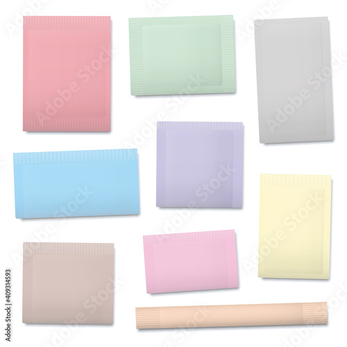 Pastel colored paper sachets, blank unlabeled packaging templates for sugar, salt, tea, seeds, cosmetics, spices, powder, food ingredients etc. Isolated vector illustration on white background. 
