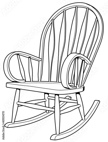 Line illustration of a wood rocking chair. 