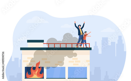 People calling for help on top of fire building. Accident, smoke, victim. Flat vector illustration. Emergency, disaster, rescuing concept for banner, website design or landing web page