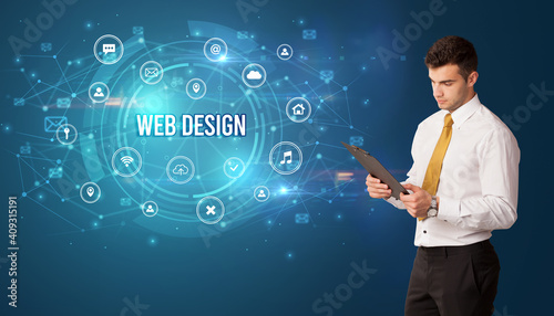 Businessman thinking in front of technology related icons and WEB DESIGN inscription, modern technology concept