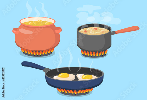 Hot pot, saucepan and pan on gas stove flat set for web design. Cartoon food prepared on kitchen isolated vector illustration collection. Cooking and kitchenware concept