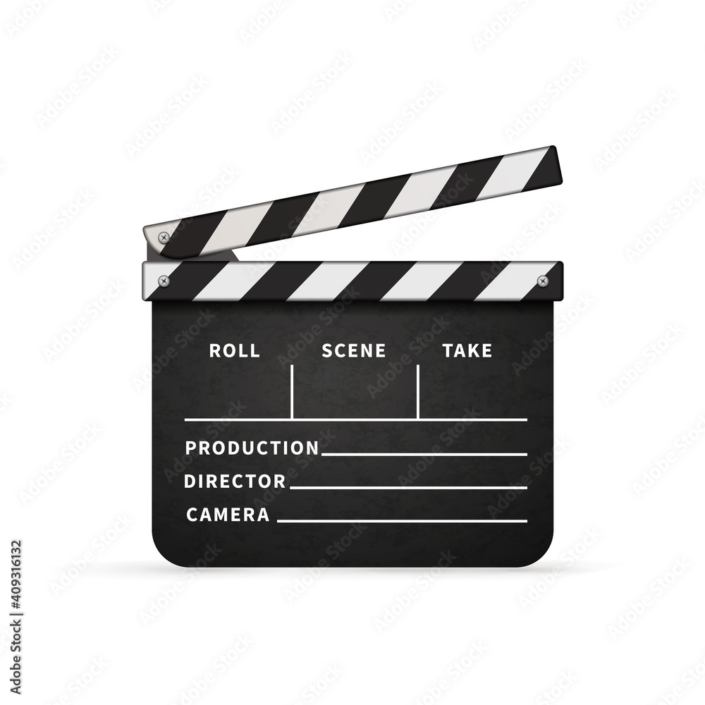 Detailed realistic movie clapper with copy space on white