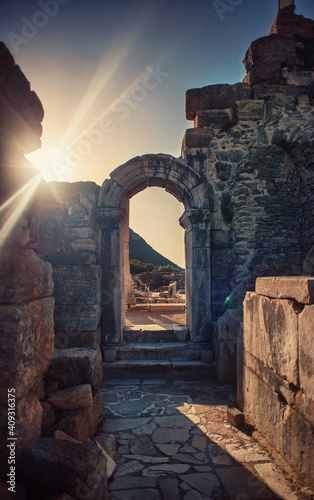 Effesus, Turkey. An ancient city, ruins of an old Celsus library , empty site during the covid 19 pandemic photo