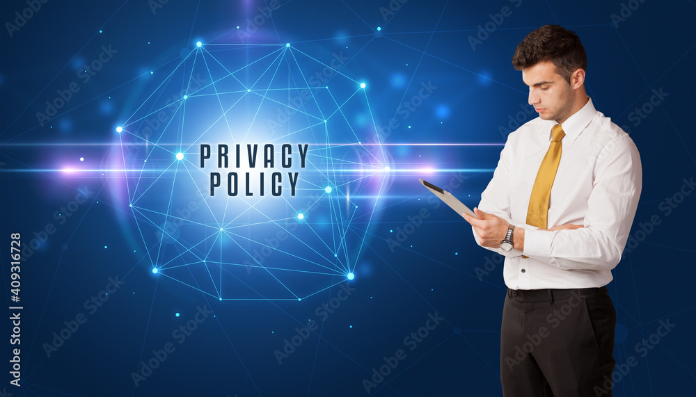 Businessman thinking about security solutions with PRIVACY POLICY inscription Businessman thinking about security solutions with PRIVACY POLICY inscription
