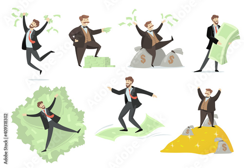 Happy rich man playing with his money flat set for web design. Cartoon millionaire or banker having much money and gold isolated vector illustration collection. Wealth and prosperity concept