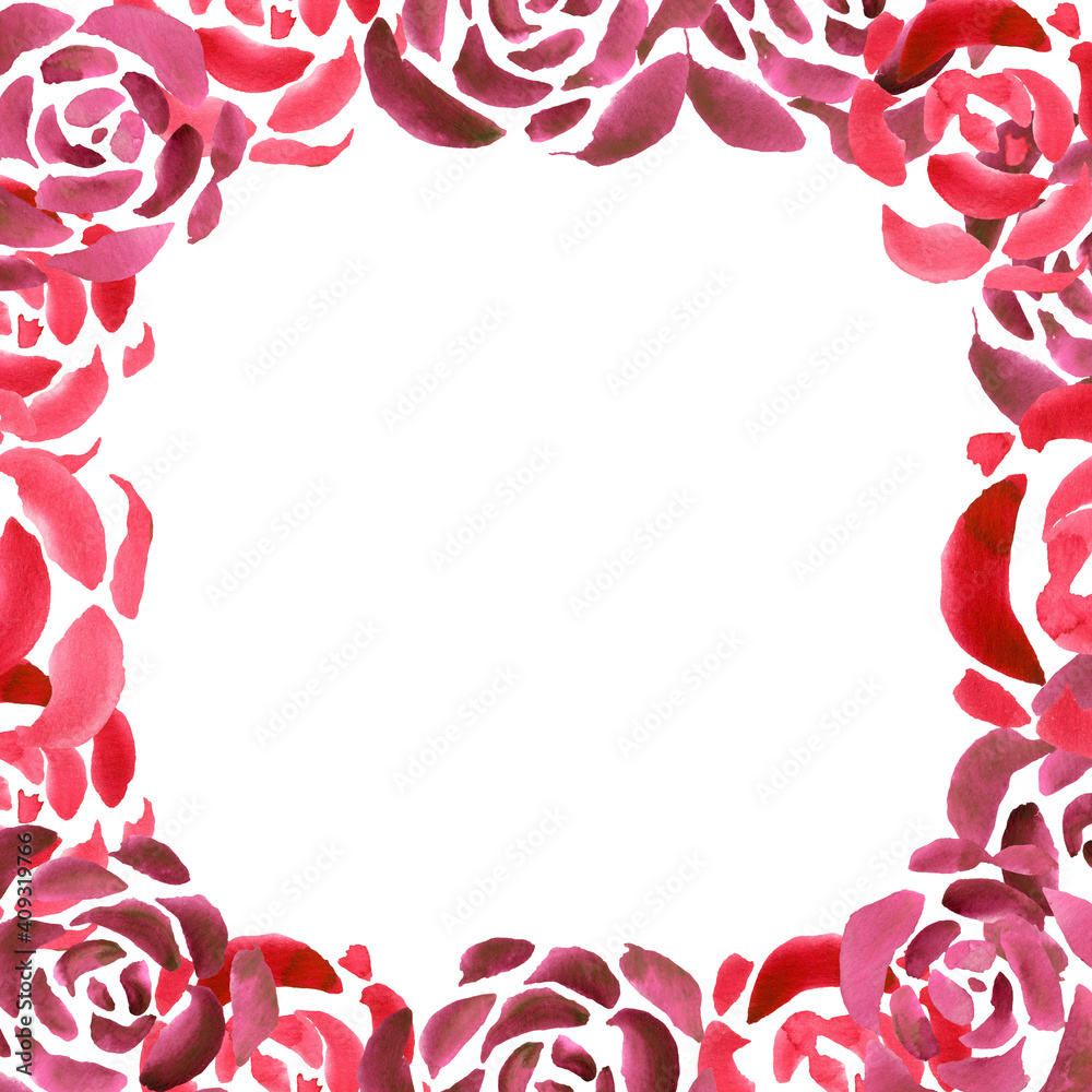 Watercolor spring flower frame with ruddy red petals. Hand painted border with roses. Square frame with simple red and scarlet. A template for your layout. Watercolor spring flower frame with ruddy red petals. Hand painted border with roses. Square frame with simple red and scarlet. A template for your layout.