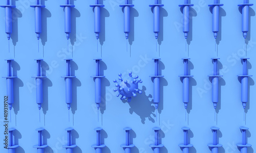 Coronavirus vaccine injection syringes with a virus bacteria. 3D Rendering