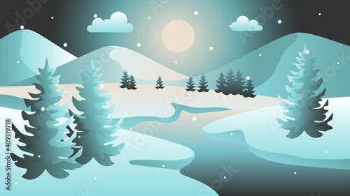 Winter night time. Winter night landscape with snowdrifts and snowy fir trees. Seasonal nature background. Frosty snow hills. Snowy background. Snowdrifts. Snowfall. Moonlight. Vector illustration.
