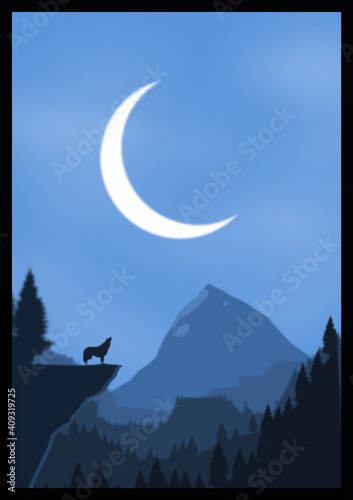 illustration d'un paysage de foret et colines avec un loup en 1er plan et en arriere-plan une montagne 