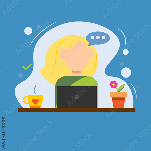 Blond girl, woman working or studying online with laptop, cap of hot drink and flower on the table. Quarantine home office, distance education, freelance work concept, flat vector illustration. 