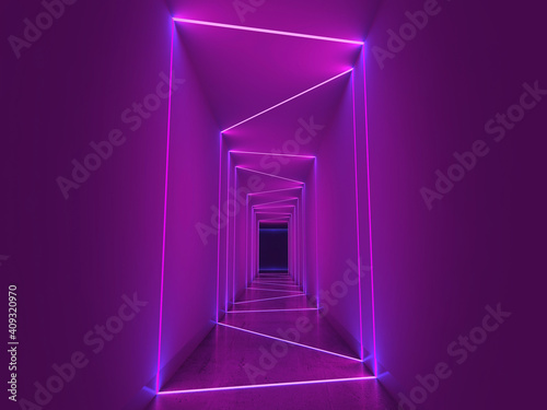 Fototapeta Naklejka Na Ścianę i Meble -  Empty tunnel perspective view purple LED stripes