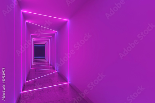 Fototapeta Naklejka Na Ścianę i Meble -  Empty tunnel perspective view pink neon, 3d