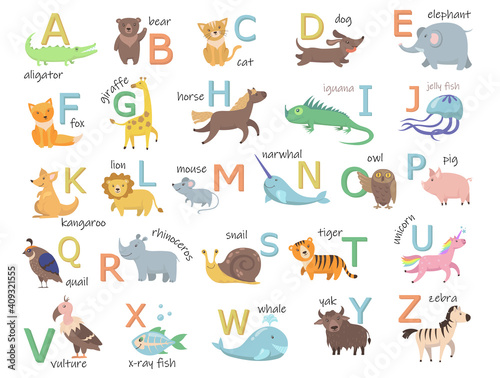 Fototapeta Naklejka Na Ścianę i Meble -  Colorful zoo alphabet with cute animals flat illustration set. Cartoon letters from A to Z for children isolated vector illustration collection. Preschool and school education concept