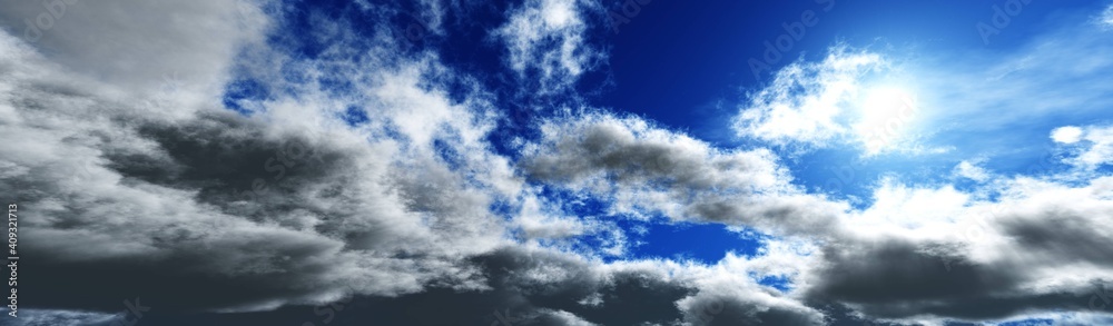 Fototapeta premium Beautiful sky with clouds and the sun, clouds on the blue sky, the sun among the clouds, 3D rendering