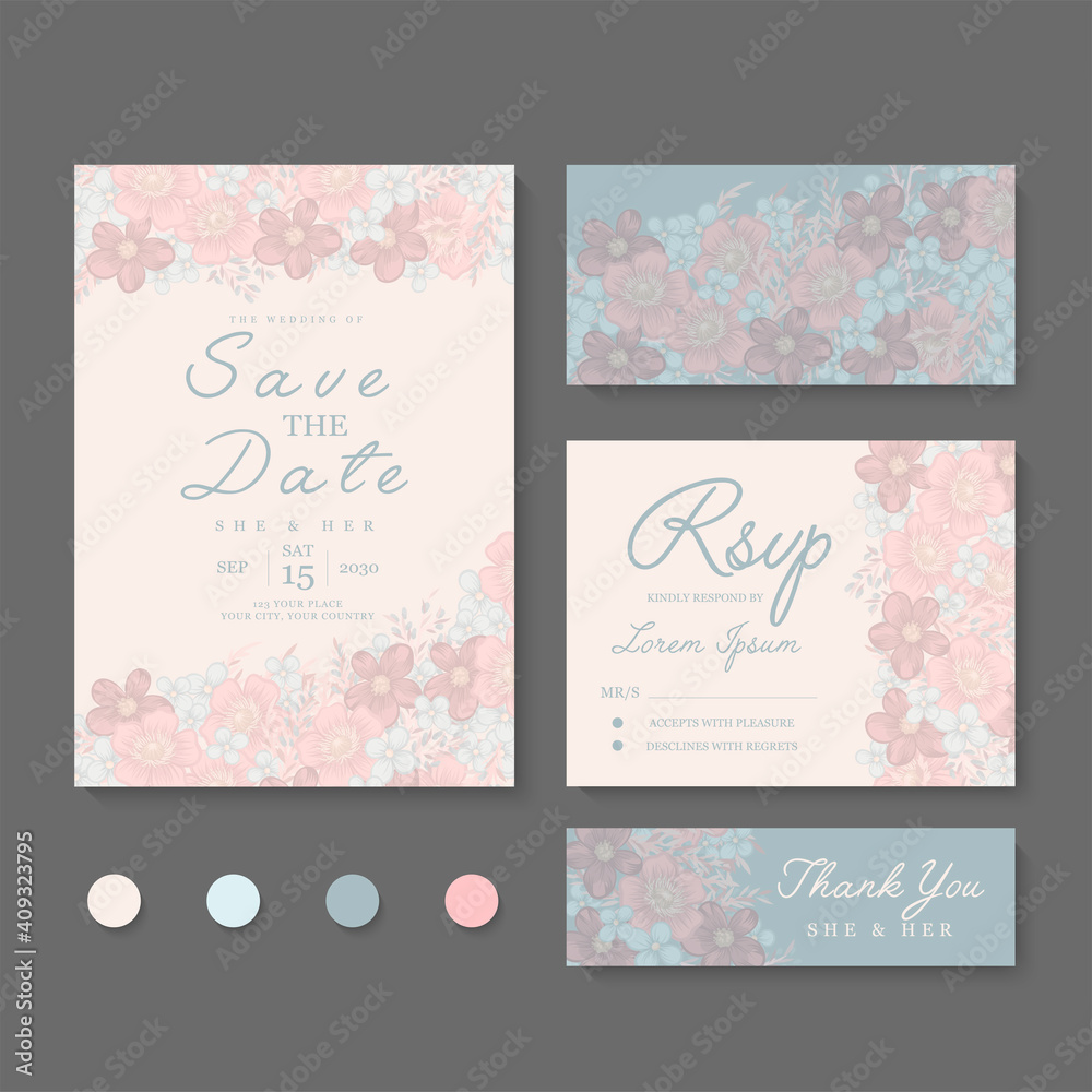 Fototapeta premium Wedding vector floral invite invitation thank you, rsvp card design set.
