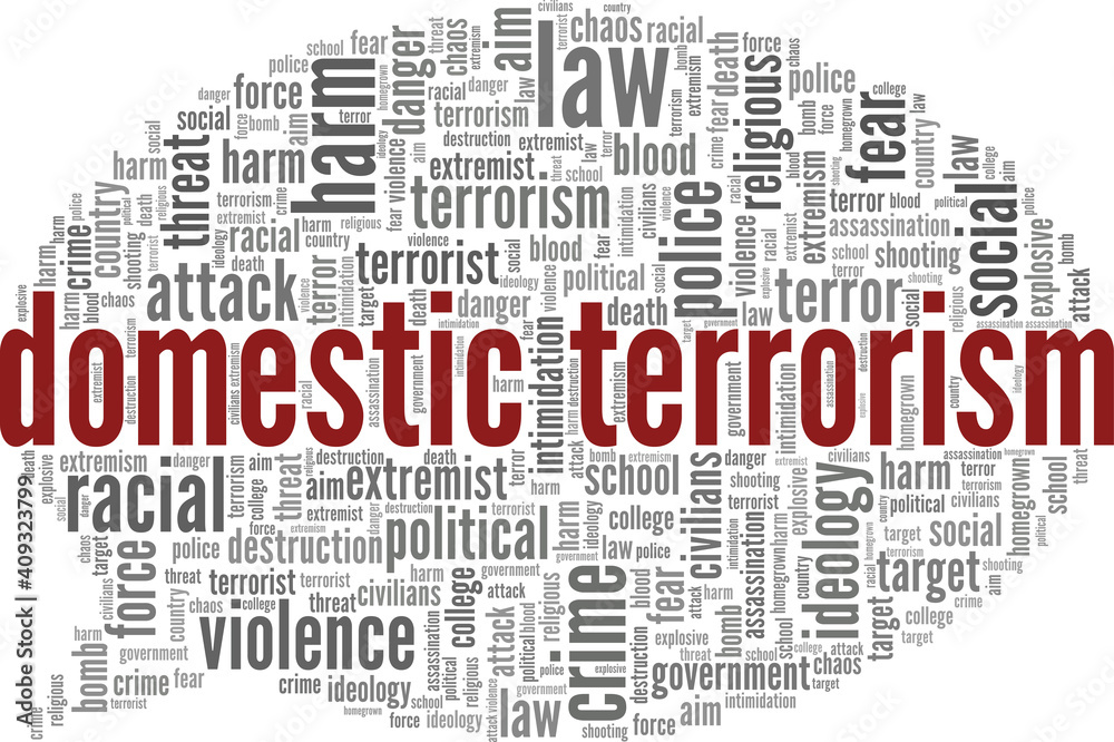 Fototapeta premium Domestic terrorism vector illustration word cloud isolated on a white background.