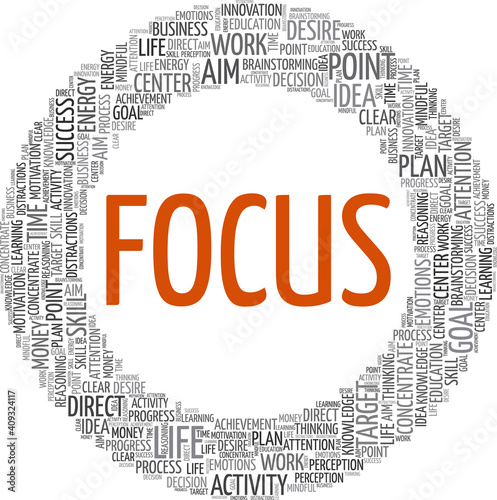 Focus vector illustration word cloud isolated on a white background.