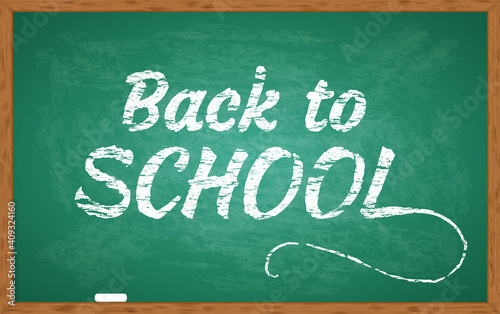 Back to school. Green chalkboard and wooden frame. Design rubbed out dirty chalkboard. Green blackboard. Background for design classroom. Vector illustration
