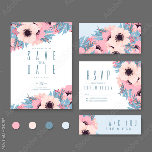 Wedding vector floral invite invitation thank you, rsvp card design set.