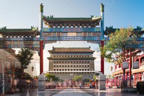 Historical Zhengyangmen gate in the center of Beijing, China taken on long exposure shot. photo