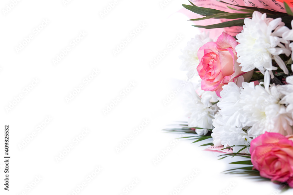 Bouquet of chrysanthemums and roses on a white. Bouquet on a white with copy space.