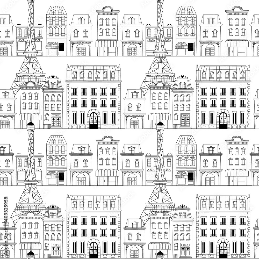 Paris city doodle seamless pattern background
