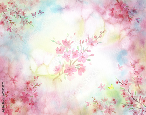 Spring pink delicate background with blooming cherry  sakura. Watercolor drawing. Fragrance