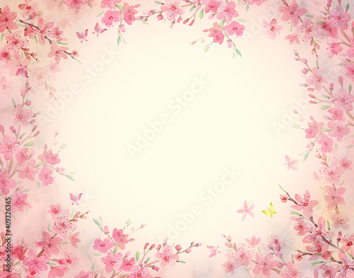 Spring pink delicate background with blooming cherry, sakura. Watercolor drawing. Fragrance