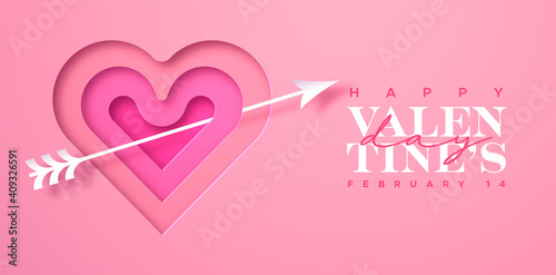 Valentine's Day paper cut pink heart arrow card
