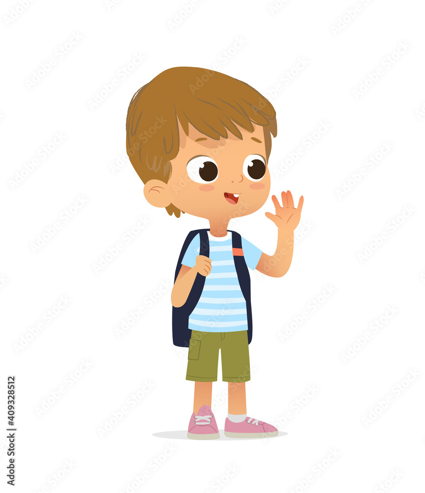 Smiling Blond Boy Greeting Waving Hand and Saying Hi Smiling Blond Boy Greeting Waving Hand and Saying Hi