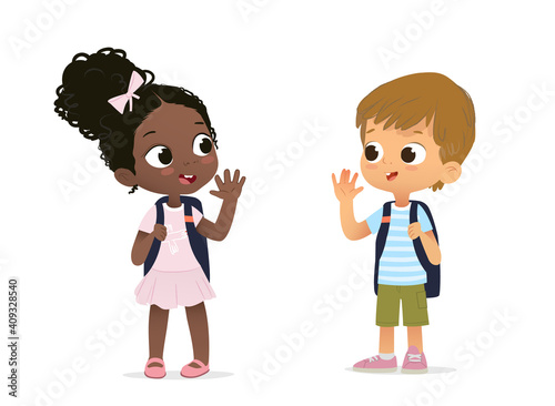 African American Girl with the backpack saying goodbye to Caucasian Boy. Happy african schoolmates greeting isolated on white cartoon characters. Boy and Girl school children going to school