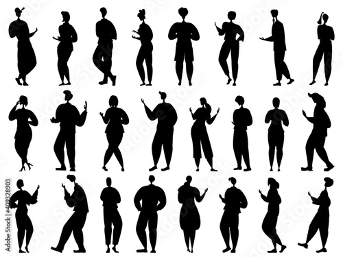 People walk, laugh, get angry, shout, talk. Men and women in different poses. Set vector in silhouette style isolated on white. photo