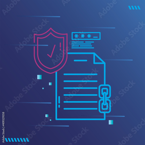 Cyber lock document with shield code and chain vector design